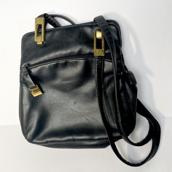 VINTAGE 80s 90s Tempo Design Black Leather Bag Gold Hinge Hardware - Picture 1 of 15